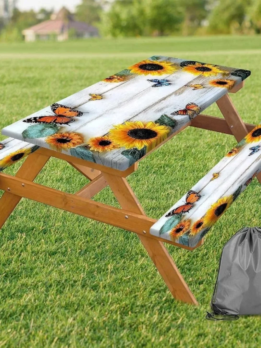 Sunflower & Butterfly Picnic Table Cover - White Background 72 X 30